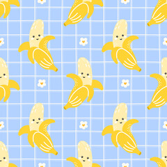 Seamless vector pattern kawaii banana with smiling faces and tropical vibes. Great for kids clothing, healthy food prints, or playful summer designs