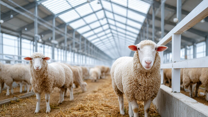 Sheep standing inside a spacious, modern barn with a metal roof and straw-covered floor.