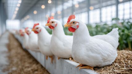 Fototapeta premium White chickens sit and stand in a clean, modern indoor poultry farm with natural lighting.