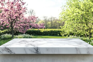 Fototapeta premium Marble tabletop in a garden setting