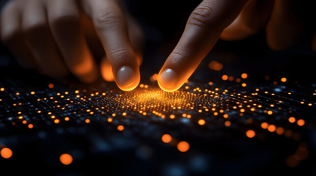 Exploring digital technology concept with fingers touching glowing circuit board network connection