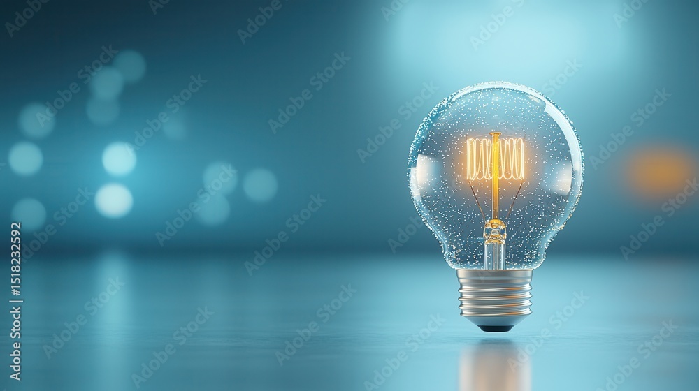 Poster a single luminous light bulb floating in a soft blurred and atmospheric environment creating a capti
