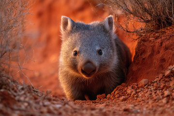 wild wombat in australian red dirt outback desert