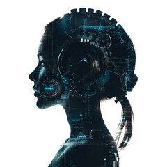 A futuristic profile of a woman merged with technology, creating an intriguing fusion of human and machine elements and technological designs.