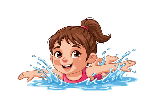 Joyful Little Girl Swimming A Delightful Cartoon Illustration of a Child's Summer Fun in the Water, Perfect for Children's Books, Websites, or Educational Materials.