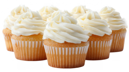 Six cupcakes with a generous swirl of glossy white frosting are neatly arranged, showcasing their delicious appeal against a transparent background, making them perfect for various design projects