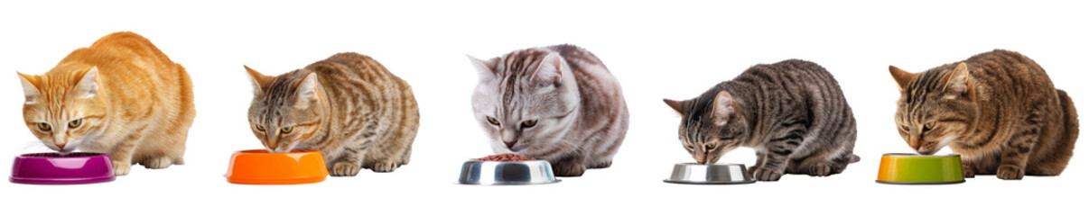 Set of cats eating pet food from feeding bowl isolated on transparent background