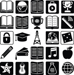Collection of black and white icons representing education music and global concepts