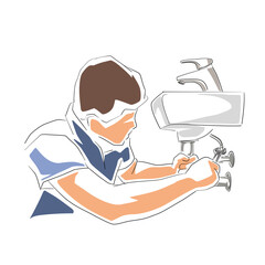 Handyman plumber installs sink, technician service. Isolated vector illustration. Worker repair
