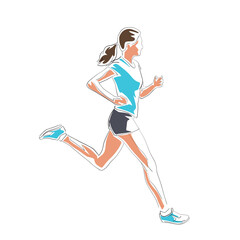 Running woman, isolated flat design vector drawing, run sport, athletics