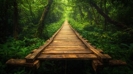 Serene wooden bridge extending through lush green forest path surrounded by dense trees and vibrant foliage on a bright sunny day
