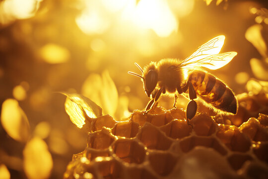 Cinematic macro shot of a honeybee on honeycomb at golden sunset – close-up of bee pollination, natural beekeeping and organic honey production - Powered by Adobe