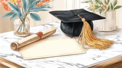 Graduation card mockup with black cap, gold tassel, diploma scroll on marble desk, elegant academic style, blank area for message