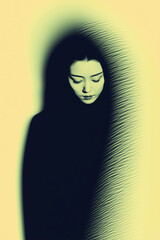 1970s Duo-Chrome Bitmap Poster of American Nun in Vintage Japanese Graphic Style

