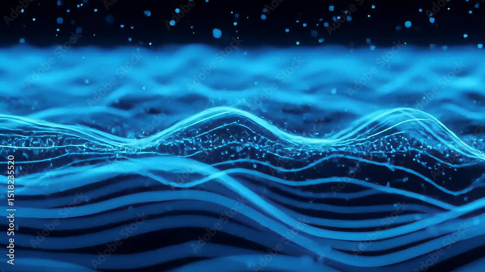Poster dynamic digital waves of glowing blue data streams and pulses, information transfer, technology, cyb