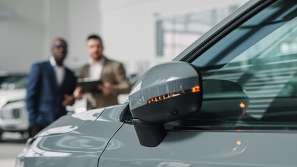 A car dealer in a modern car dealership advises a customer on buying or leasing a new car. The...