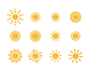 Cartoon happy Yellow sun clipart set, Vector sun icons collection with smiling face on white background