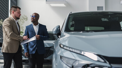 A customer at a car dealership consults with a salesperson, choosing a new vehicle. Concept: a...