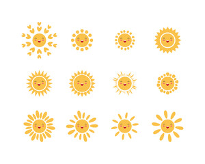 Cartoon laughing Yellow sun clipart set, Vector sun icons collection with smiling face on white background