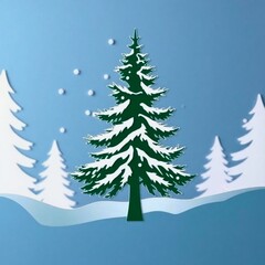 Obraz premium Snowy winter scene with green evergreen tree