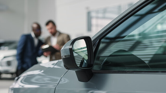 A car dealer in a modern car dealership advises a customer on buying or leasing a new car. The concept of an expensive purchase or lease of a modern car.