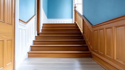 Fototapeta premium Soft blue walls and warm wood tones create a tranquil stairway setting