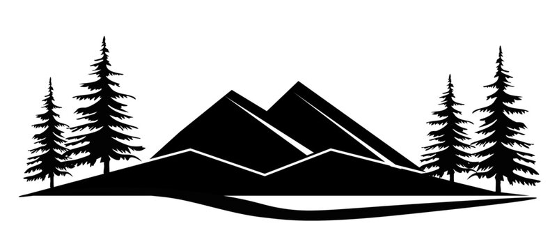 Black silhouette of mountains and fir trees camping adventure wildlife landscape panorama illustration icon vector for logo, isolated on white background.	
