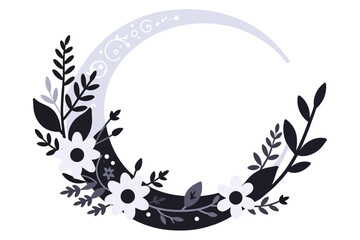 Obraz premium Crescent Moon Floral Design Illustration-Botanical Moon with Flowers and Leaves-Black and White Lunar Design-Celestial Vector Art for Print and Digital Use