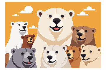 Fototapeta premium Cute Cartoon Bears Family Illustration - Polar Bear Grizzly Bear and Brown Bear Cubs Together on Orange Background - Bear Animal Clipart For Kids Education Materials