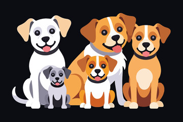Cute Cartoon Dogs Illustration- Family of Happy Puppies in Various Colors and Sizes- Vector Graphic for Dog Lovers and Pet Themes