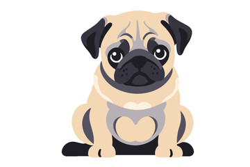 Cute Cartoon Pug Dog Vector Illustration - Adorable Puppy with Wrinkled Face and Heart Shaped Harness - Pet Animal Clipart for Graphic Design and Print