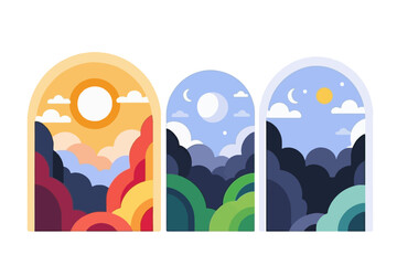 Day and Night Illustration-Arch Window Views-Sunset Moon and Starry Sky-Modern Vector Design-Colorful Landscapes-Creative Graphic Art-Nature Scenery