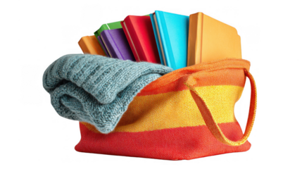 Vibrant striped tote bag holds colorful books and a soft knitted sweater, ready for a cozy study session or a trip to the library, isolated on a transparent background