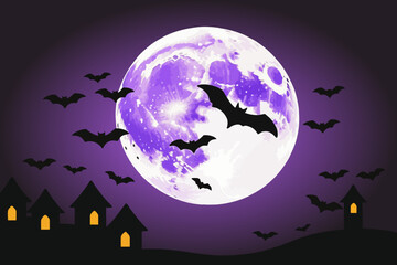 Halloween Night with Full Moon and Bats Flying Over Haunted Houses - Spooky Vector Illustration for Halloween Projects - Festive Halloween Background