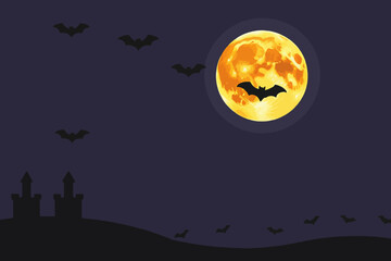 Fototapeta premium Halloween Night with Full Moon and Bats-Spooky Castle Silhouette-Dark Sky and Eerie Atmosphere-Perfect for Halloween Decorations