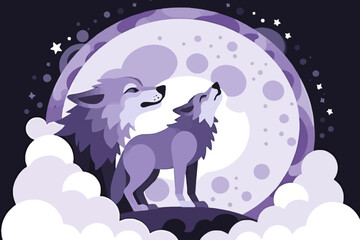 Fototapeta premium Howling Wolves Under Moonlight Vector Illustration - Wolves in Night with Full Moon and Stars - Wildlife Art and Animal Design