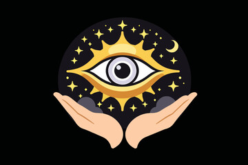 Mystic Eye Illustration with Stars and Moon on Black Background - Psychic Vision Artwork in Hands - Esoteric Spiritual Concept for Astrology and Divination