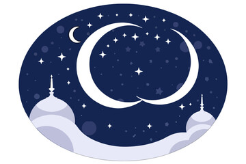 Naklejka premium Ramadan Kareem Illustration with Crescent Moon and Stars on Night Sky Background - Islamic Design with Mosque Silhouette for Muslim Holiday Greetings