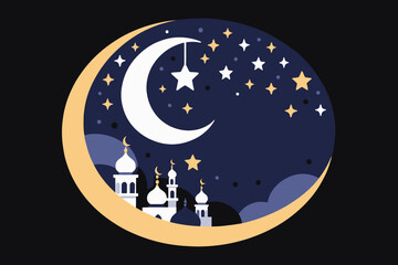 Naklejka premium Ramadan Kareem Illustration with Crescent Moon and Mosque Silhouette- Islamic Holy Month Design Featuring Stars and Celestial Elements for Festive Greetings