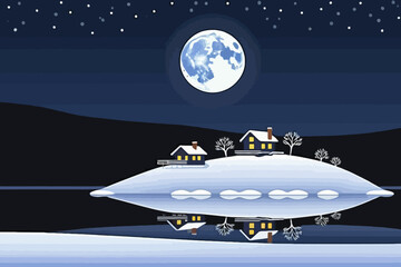 Naklejka premium Winter Night Landscape with Full Moon and Starry Sky-Snowy Houses on Island Reflected in Water-Peaceful Christmas Scene Illustration