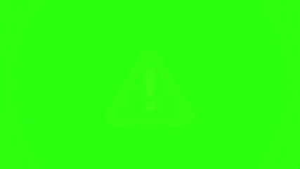 Animation of warning sign on chroma key green screen background. 4K motion graphics with alpha channel. Caution symbol alert animation for video editing overlays.