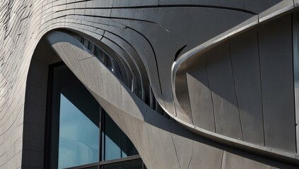 Obraz premium Abstract modern curve architecture background. Daylight building with exterior walls covered with beautiful curved gray metal lines. Contemporary office closeup fragment. Wavy exterior wall facade
