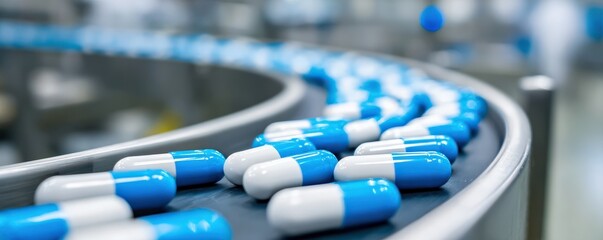 Blue and white capsules move along a conveyor belt in a pharmaceutical manufacturing facility.