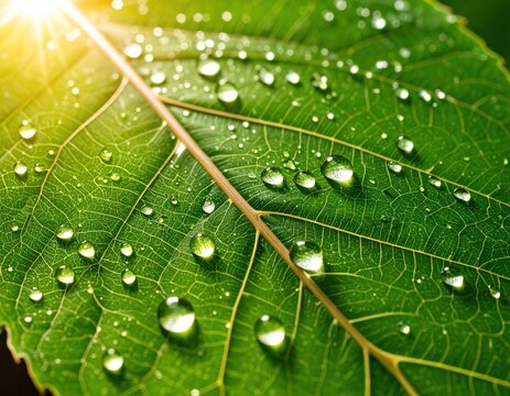 Morning dew drops on green leaf nature close-up illuminated by sunlight fresh environment macro photography