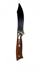 Sharp Hunting Knife with Dark Wood Handle and Brass Pins on White Background