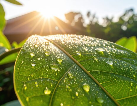 Morning dew on green leaf nature close-up tranquil environment sunlit viewpoint refreshing concept - Powered by Adobe