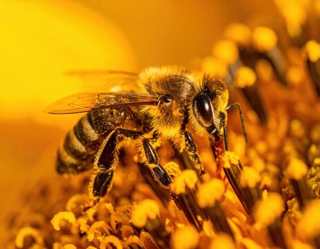 Pollination action by honeybee on sunflower nature close-up sunny environment macro viewpoint biodiversity concept