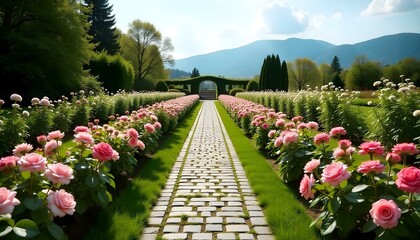 Aerial View of Symmetrical Botanical Garden with Roses and Mountain Backdrop

