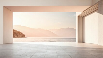 Minimalistic pastel beige white gradient background with mountains sea sunlight and central copyspace for text 