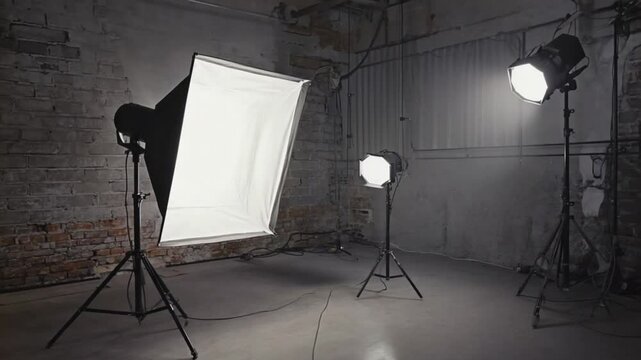 Photography studio setup shows lights and softboxes for creative shoots and film productions.